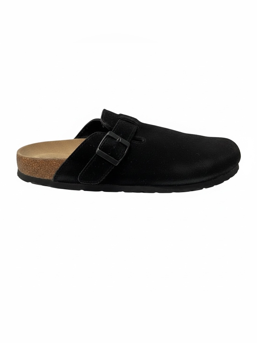 Qomfort Womenโs Black Cow Lea Suede Slip-On Clogs with Buckle Size EU 44 US11